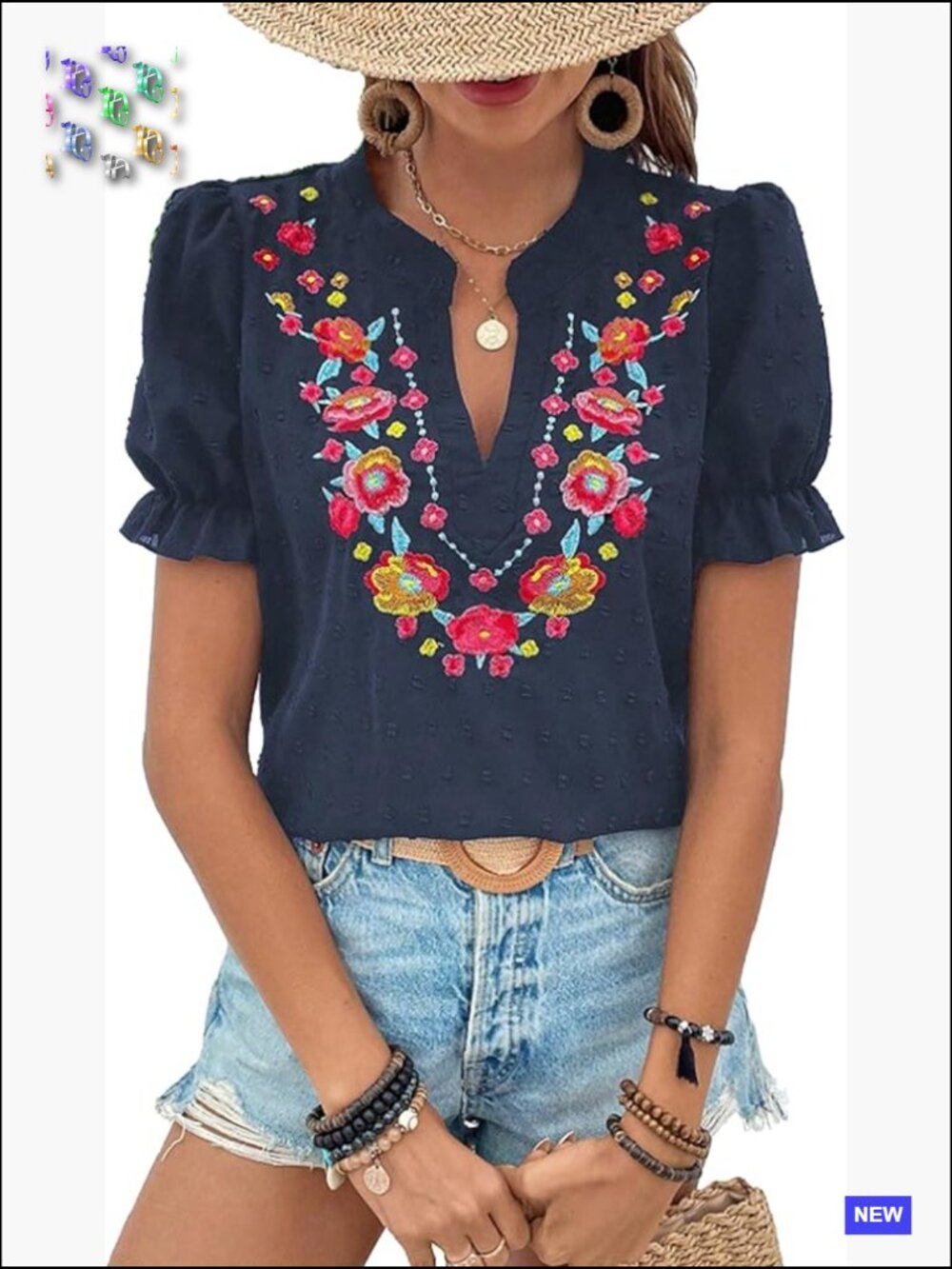 Floral Embroidered V Neck Boho Short Puff Sleeve Blouse Loose Summer Top